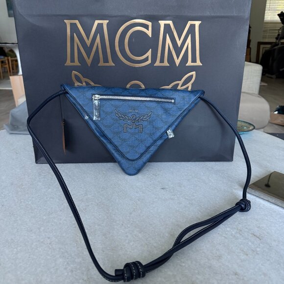 MCM Blue Canvas and leather Triangle Shoulder Bag - Picture 5 of 14
